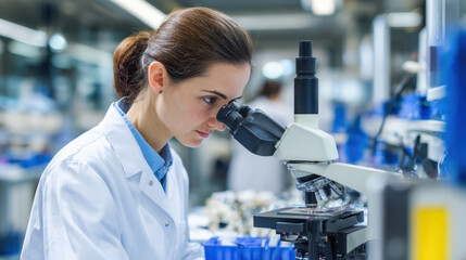 Female scientist examining sample under microscope in modern laboratory setting for research and analysis