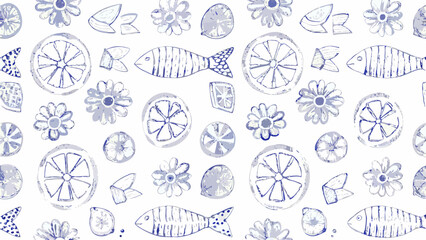 Delicate pattern featuring sketched fish lemon slices and flowers in a light blue and white color palette silhouette