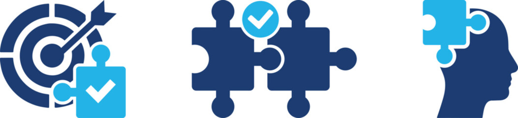 Solution icon set. Line art icons containing problem-solving, alternative, resolving, answering, maze, issue, and success icons. Solid icon collection. Vector illustration.