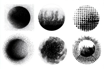 Six abstract circular forms featuring varying textured and stippled designs displayed against a clean, light background