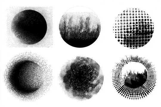 Six abstract circular forms featuring varying textured and stippled designs displayed against a clean, light background