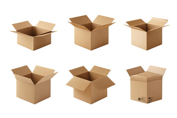 Six cardboard boxes, various open states