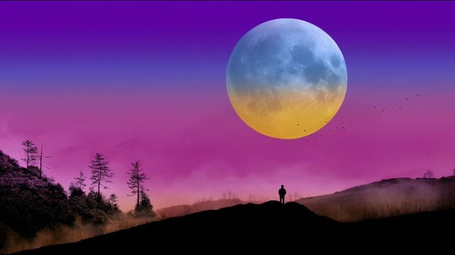Person stands on hill watching giant moon against gradient sky from purple to pink
