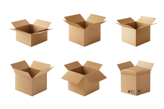 Six cardboard boxes, various open states