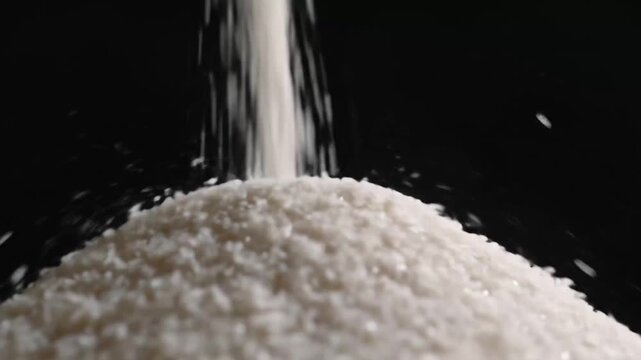 Capturing the mesmerizing flow of white granules against a stark black backdrop footage