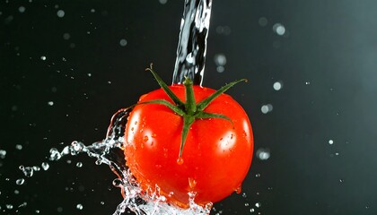Ripe tomato being splashed with water.