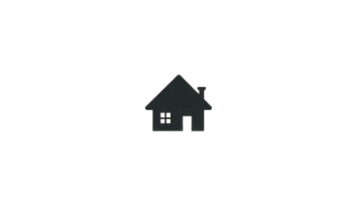 Simple, dark gray house icon on black background.  Small, teal highlights on the roof and side