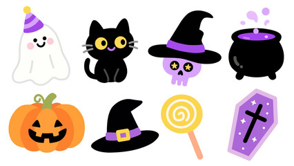 Flat cute Halloween clipart set with ghost, black cat, skull, witch hat, pumpkin, cauldron, candy, and coffin. Perfect for stickers, greeting cards, invitations, and seasonal designs.
