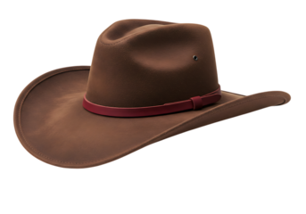 Brown felt cowboy hat with red band isolated on transparent background