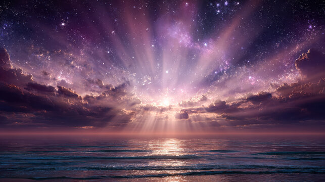 Stunning celestial display over a tranquil ocean at sunset with vibrant cosmic colors and radiant light beams