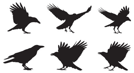 Black Crow Silhouettes Flying and Perched Vector Set - Raven Bird Clipart