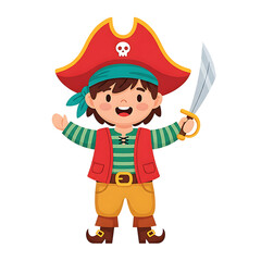 Cute pirate boy in costume holding cutlass, cartoon character, isolated