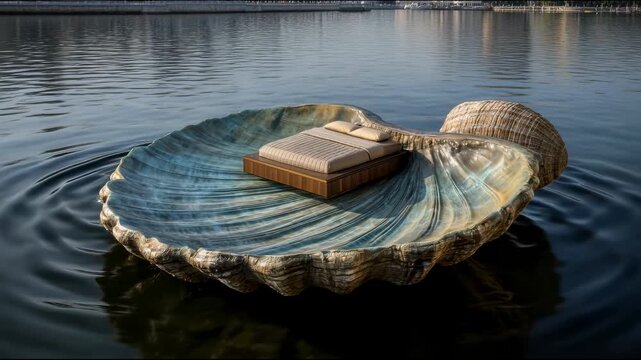 Bed placed on a platform shaped like a giant open seashell floating on calm lake water
