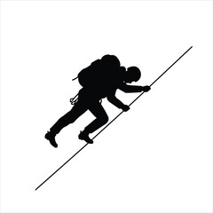 Fototapeta premium Adventurous hiker with backpack climbing a steep incline using a trekking pole silhouette