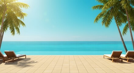 Sunlit tropical paradise with palm trees and lounge chairs overlooking the turquoise ocean view scenery