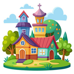 Whimsical cartoon village houses on a green hill