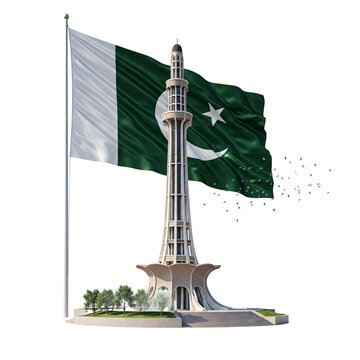 Minar e pakistan with pakistani flag isolated on transparent background