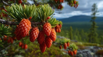 Close-up view of red-orange juniper cones with boreal forest backdrop in Scandinavia