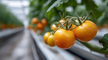 Rows of ripening yellow tomatoes in a greenhouse on a warm sunny day showcasing fresh produce growth