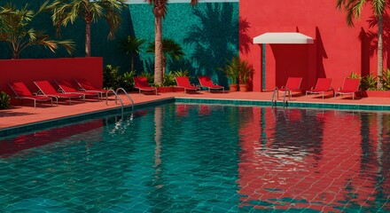 A turquoise swimming pool with red lounge chairs and palm trees against a red and teal wall backdrop
