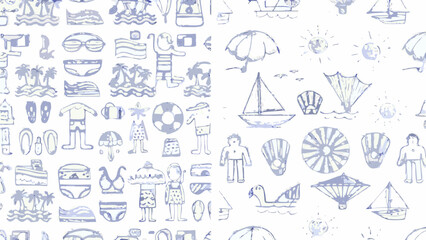Doodle style summer themed pattern featuring beach accessories and vacation elements in a playful design style silhouette