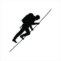 Fototapeta premium Adventurous hiker with backpack climbing a steep incline using a trekking pole silhouette
