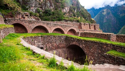 Fototapeta premium Ancient stone arch bridges and terraced structures in a mountain valley.