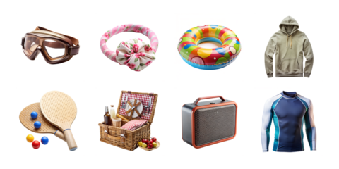 Summer vacation essentials beach fun colorful items sea sun joy on transparent background