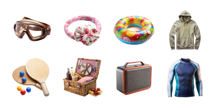 Summer vacation essentials beach fun colorful items sea sun joy on transparent background
