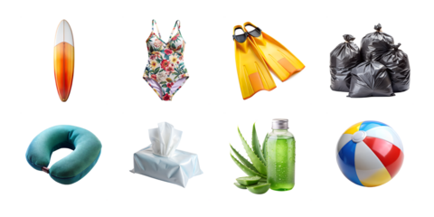 Summer Vacation, icon set. Travel, vacation on the beach. Suitcase, Umbrella, Flip Flops, Inflatable Flamingo Ring, Coconut Cocktail, Sunscreen, Lounger, Sunglasses. On transparent background