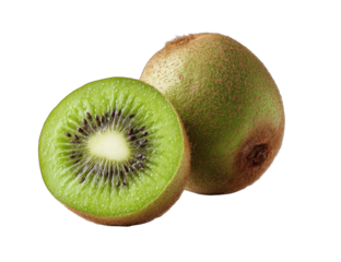 Close-up of two kiwi fruits, one whole and one sliced in half, displaying vibrant green flesh and brown seeds