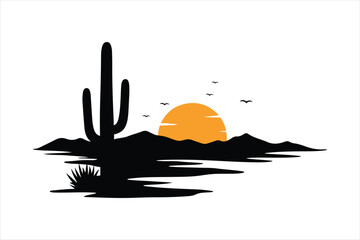 Fototapeta premium Desert landscape with saguaro cactus and sunset silhouette