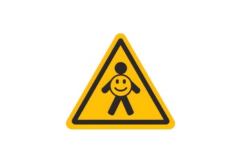 Vector icon of a triangular road sign with a smiling pedestrian crossing symbol, copy space.