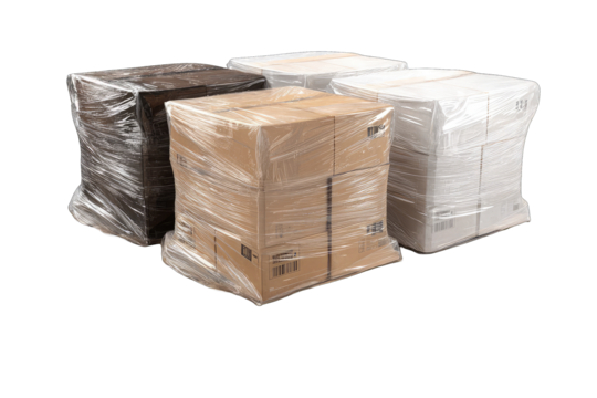 Several cardboard boxes, various colors, wrapped in plastic sheeting on a pallet