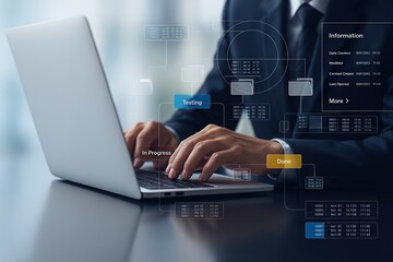 Business analytics interface with testing,in progress and done stages on a workflow,project management dashboard for tracking performance,productivity and delivery planning