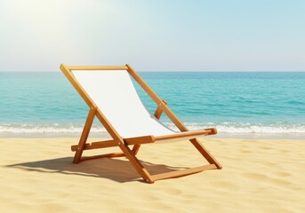 A simple wooden beach chair with a white fabric seat on a pristine sandy beach, with a turquoise ocean and clear sky in the background
