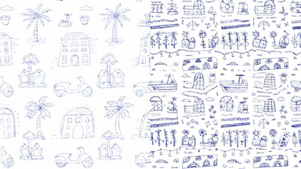 Hand drawn pattern featuring houses, palm trees, and vehicles in a whimsical and playful style design silhouette