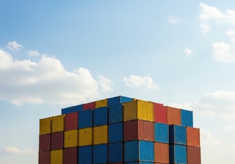 Fototapeta premium A pyramid of stacked shipping containers in various colors, set against a partly cloudy, light blue sky