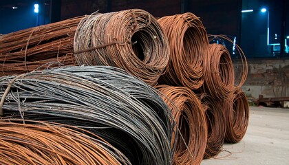 Stacked metal wire coils industrial storage