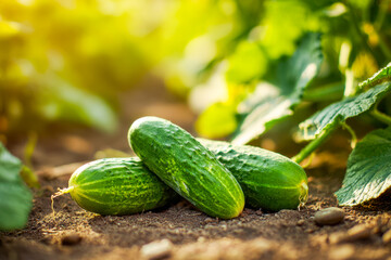Obraz premium Fresh cucumbers growing in a sunlit garden bed