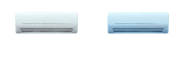 Two wall-mounted air conditioners, one white, one light blue