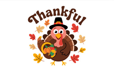 Naklejka premium Cute turkey holding harvest basket thankful thanksgiving autumn
