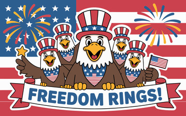 Patriotic eagles celebrating with fireworks and flags celebration
