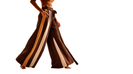 Woman wearing stylish wide-leg trousers with vertical stripes on a transparent PNG background
