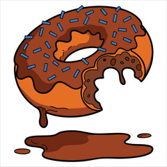 Delicious donut doughnut with chocolate frosting and sprinkles bite taken. Glazed pastry baked food outlined in icing style ideal for dessert and sweet visuals.