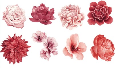 Nine different flowers in shades of pink and red