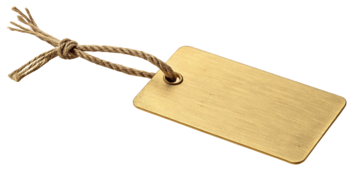 Gold Tag with Jute Rope, Isolated on Transparent Background, price tag, label, mockup, Gift tag, branding
