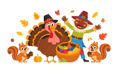 Obraz premium Thanksgiving turkey scarecrow squirrels and harvest basket vector