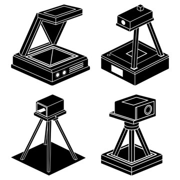 Isometric view of four black and white overhead projectors and opaque projectors on a white background