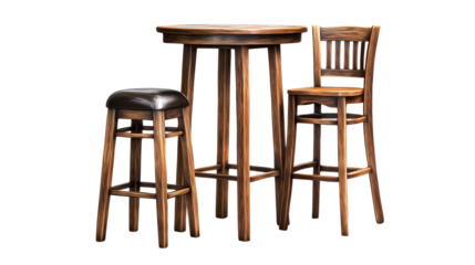 Wooden bar table with two stools and a tall chair